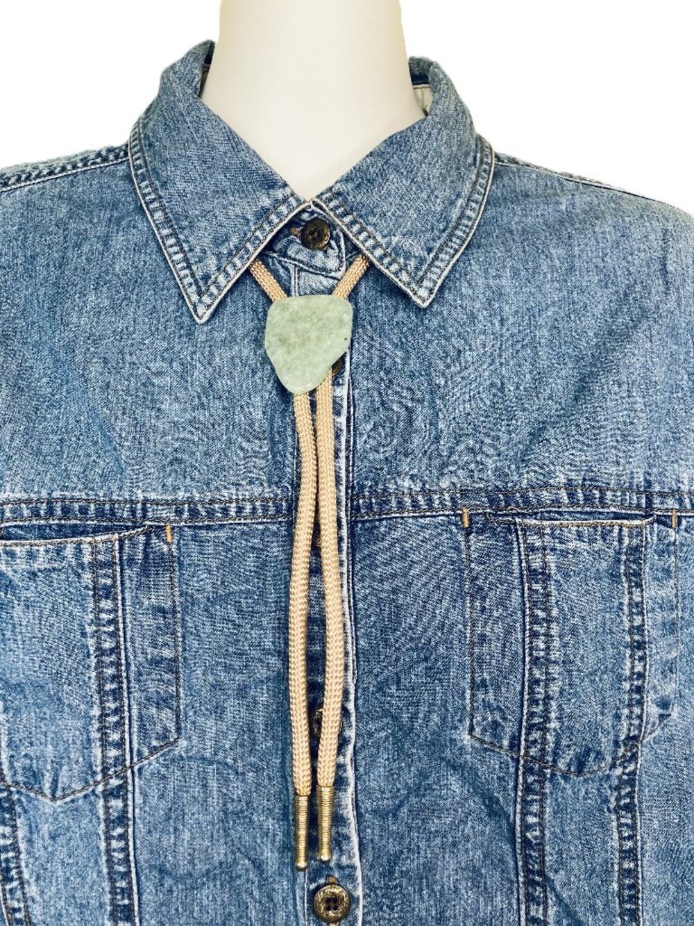 Green Aventurine Gemstone Bolo Tie Western String Tie Braided Cord